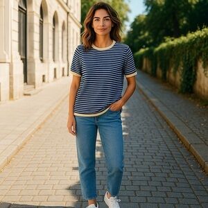 Classic Blue and Cream Striped Women's Short-Sleeve Sweater